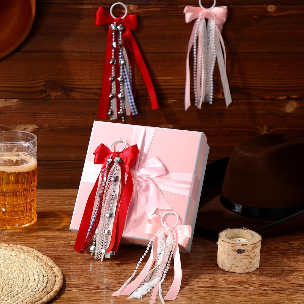 Norme Western Ribbon Boot Bows - 4 Pcs Buffalo Plaid & Glitter Pearl Lace | DIY Cowboy Cowgirl Accessories
