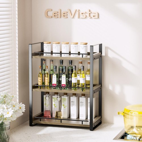 CeleVista Bathroom Counter Organizer, 3 Tier Wood Countertop Shelf for Vanity, Skincare, Makeup, Kitchen Coffee and Sink Storage, with Durable Metal Bracket (Dark Brown)
