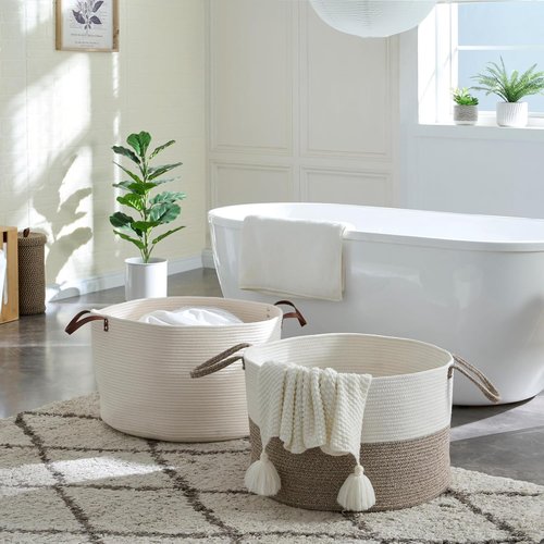 Luxury Nursery Storage Basket - 100% Cotton Rope, Extra Large 22 x 22 x 14 Inches | Off White with Leather Handles