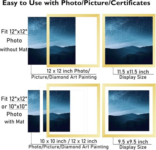 JCJMY Gold Picture Frame - 12x12 with 10x10 Mat for Diamond Art & Photos | Wall Hanging Design