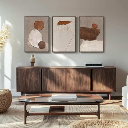 Framed Neutral Abstract Wall Art by [Brand Name] - 3-Piece Earth Tones Canvas Prints for Living Room | 16x24 Inch