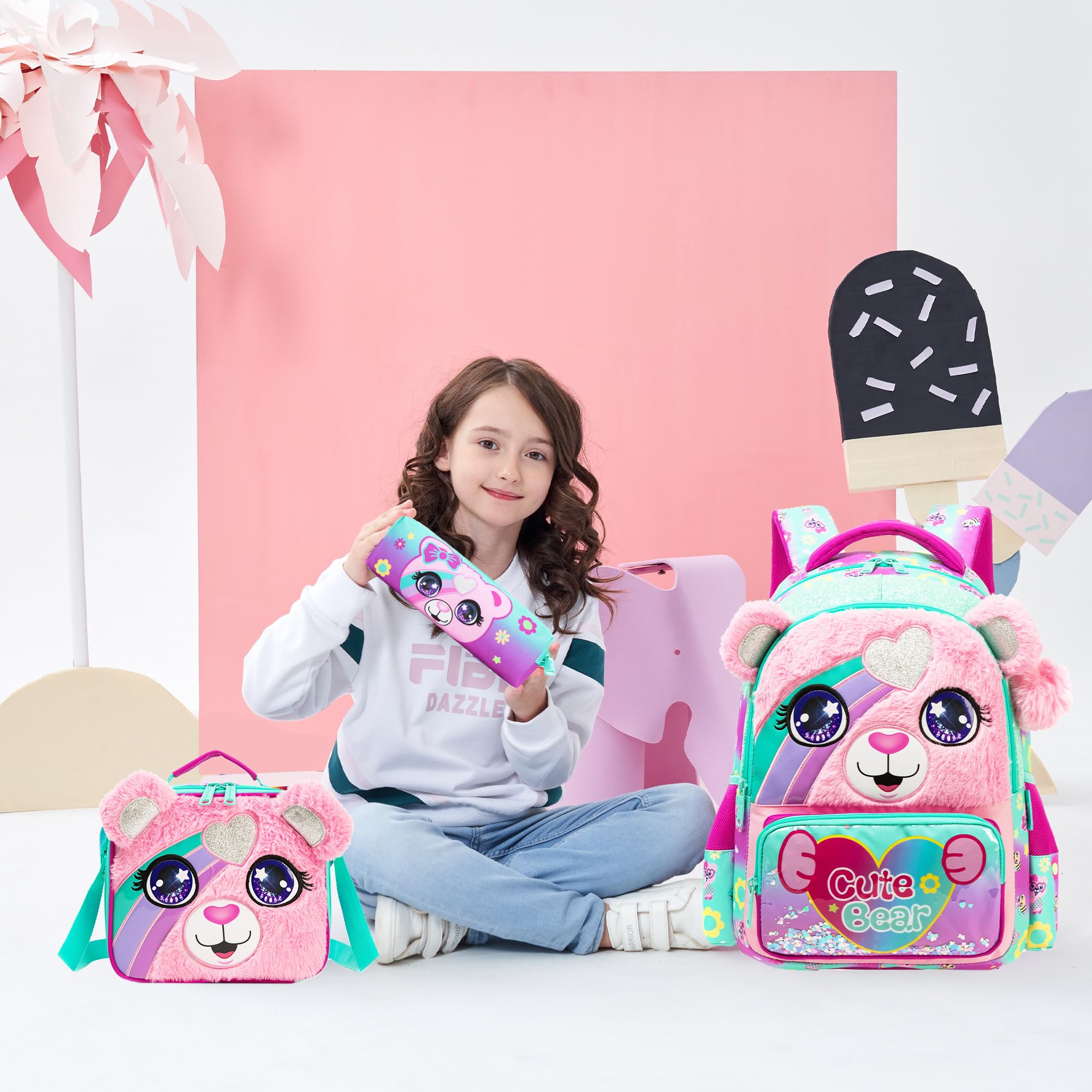 Meetbelify Cute School Backpacks for Girls Backpack with Lunch Bag for Elmentary Students Kids Travel Bookbag for Girls Age 6-12