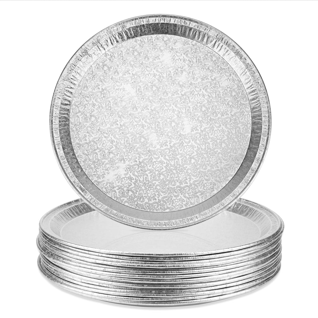 Roponan 15 Pack Serving Platters 12”, Disposable Aluminium Foil Serving Trays for Parties, Silver Embossed Foil Serving Dishes/Plates for Vegetable, Fruit, Slices of Cake, Cookies