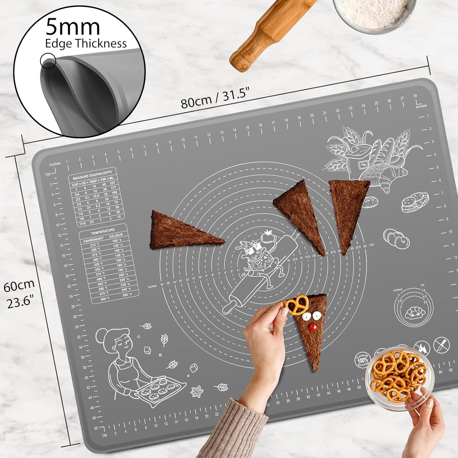 Skiennix Silicone Baking Mat - Extra Thick Non-Stick Pastry Mat with Measurements | 32x24 Inch for Rolling Dough, Bread, Cookies, Pizza, and More