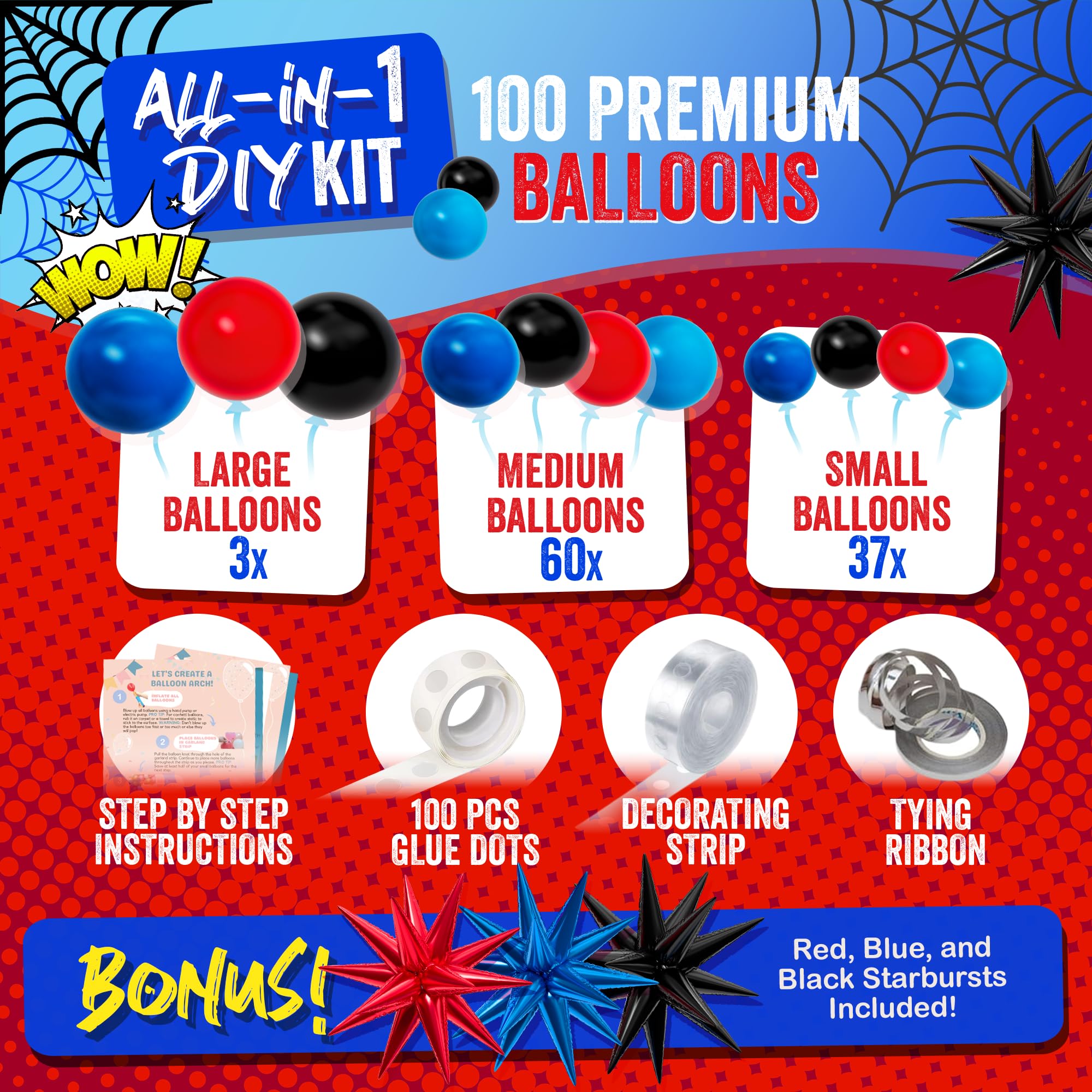 ALL-IN-1 Spider Balloon Arch Kit with BONUS Starburst for Spidy Birthday Decorations - Red Blue Spider Balloons for Spidy Man Party Decorations - Miles Birthday Decoration, Spidey Balloons