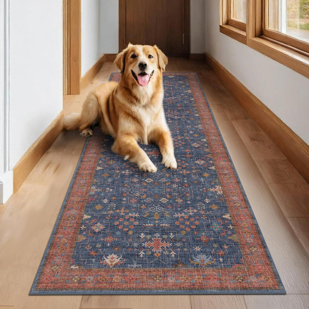 Skiennix Washable 10 Ft Long Hallway Runner - Navy Blue Pet-Friendly Waterproof Rug | Non-Slip Rubber Backing, Stain Resistant (3x10)