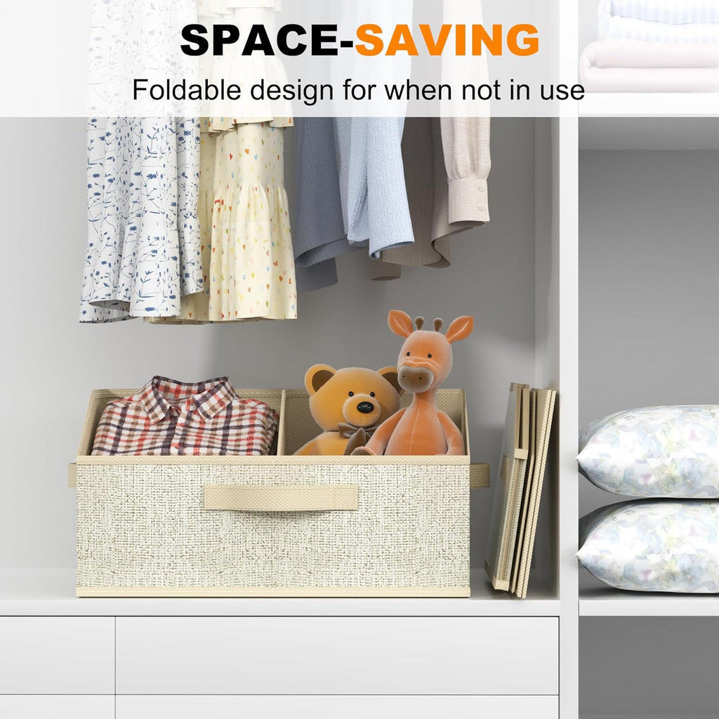 Closet Storage Bins - Large 6-Pack Organizer Baskets with Dividers & Handles | Collapsible Beige Fabric