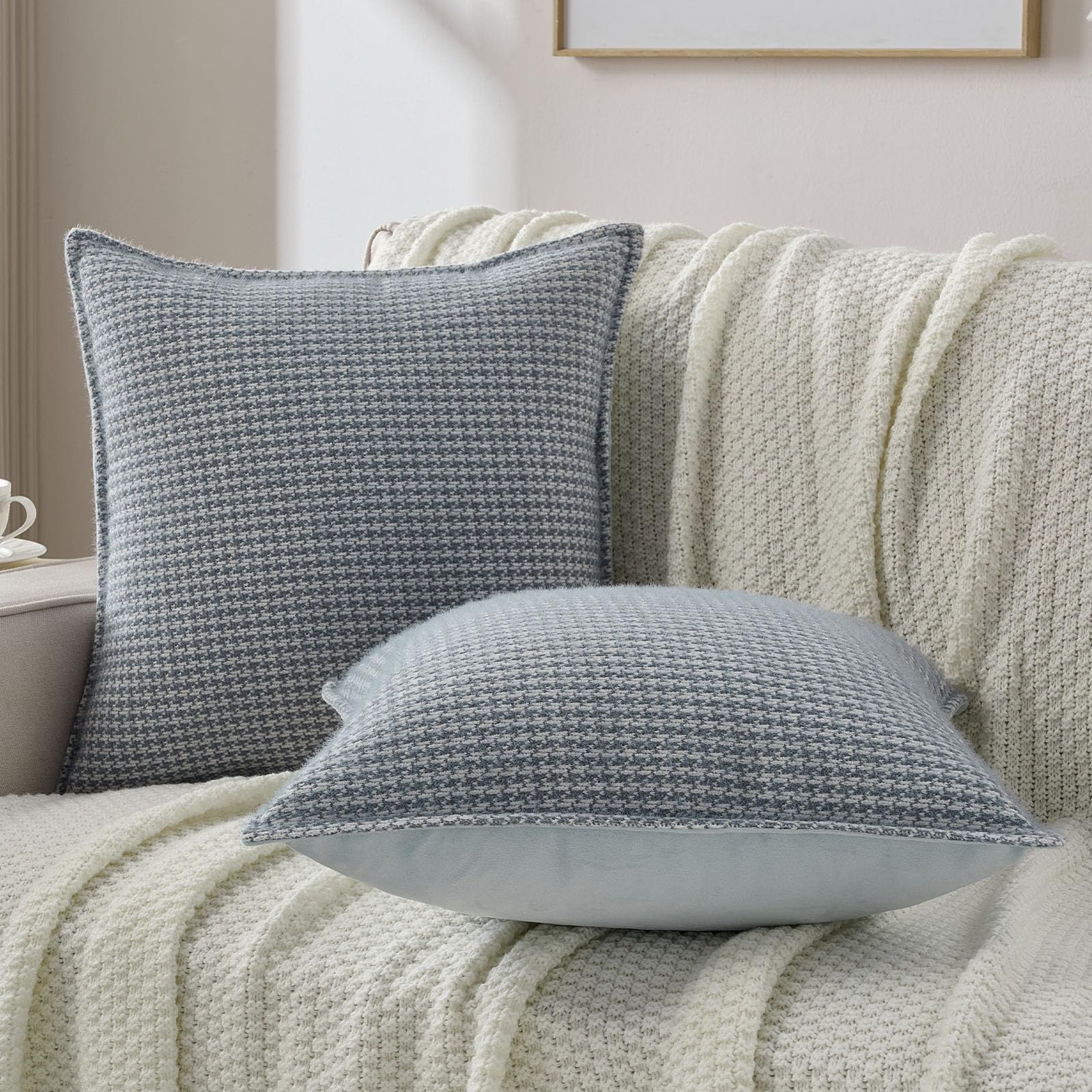 FUTEI Pack of 2 Houndstooth Throw Pillow Covers 18x18 Inch Soft Chenille Gingham Textured Farmhouse Decorative Cushion Case Modern Home Decor for Couch Bedroom Living Room, Grayish Blue