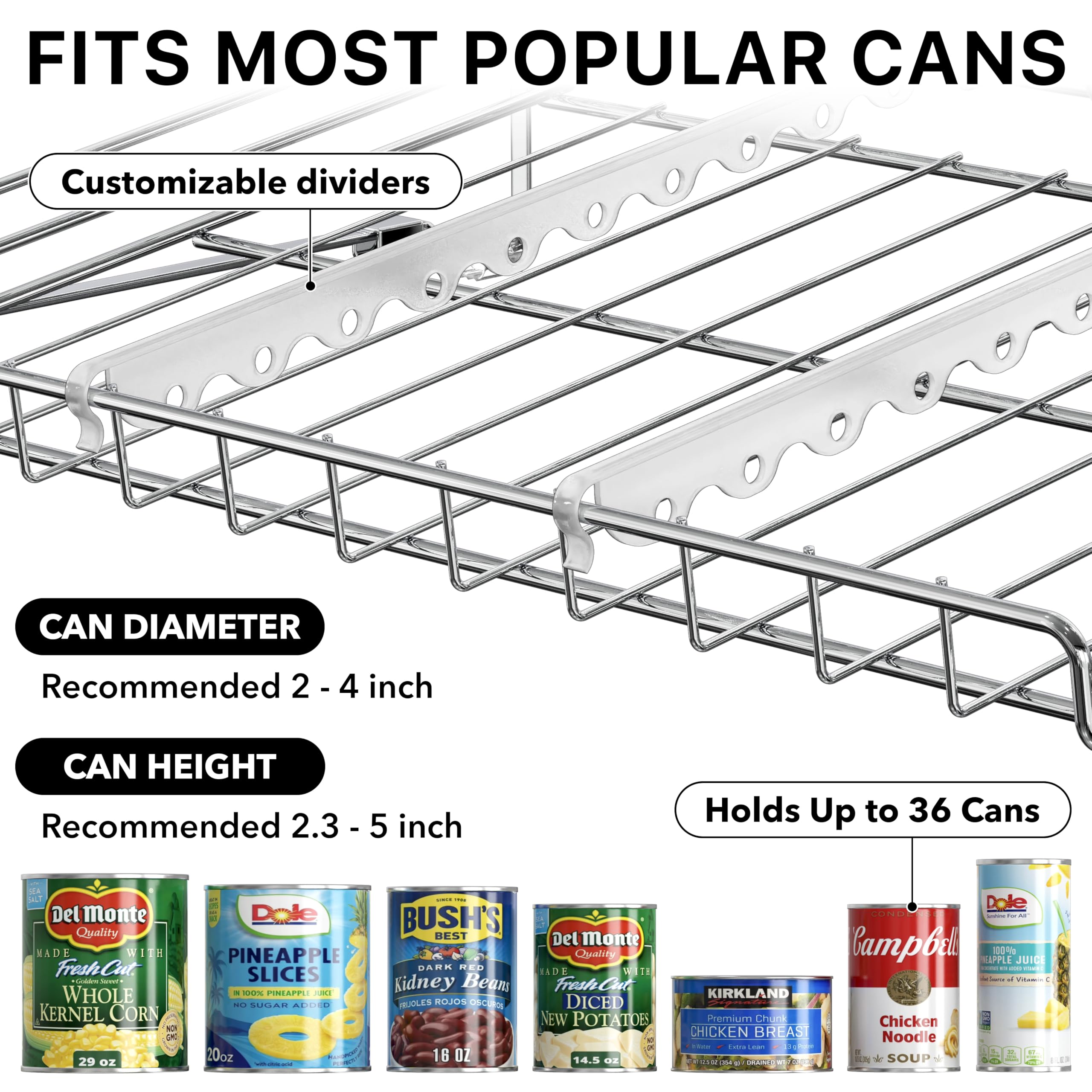 Simple Houseware Stackable Can Organizer Rack for Pantry/Cabinet – 11.5" D x 17" W x 13.75" H, Holds 36 Cans, 3-Tier Can Food Storage Dispenser, Chrome
