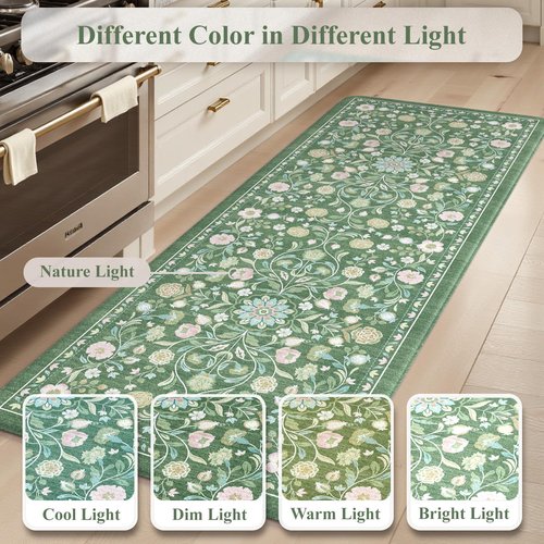 KIMODE Comfort Kitchen Mats for Floor Cushioned Anti Fatigue,Farmhouse Floral Spring Kitchen Rugs Sets of 2 Non Slip,Memory Foam Standing Carpet for Laundry Sink Office,Green