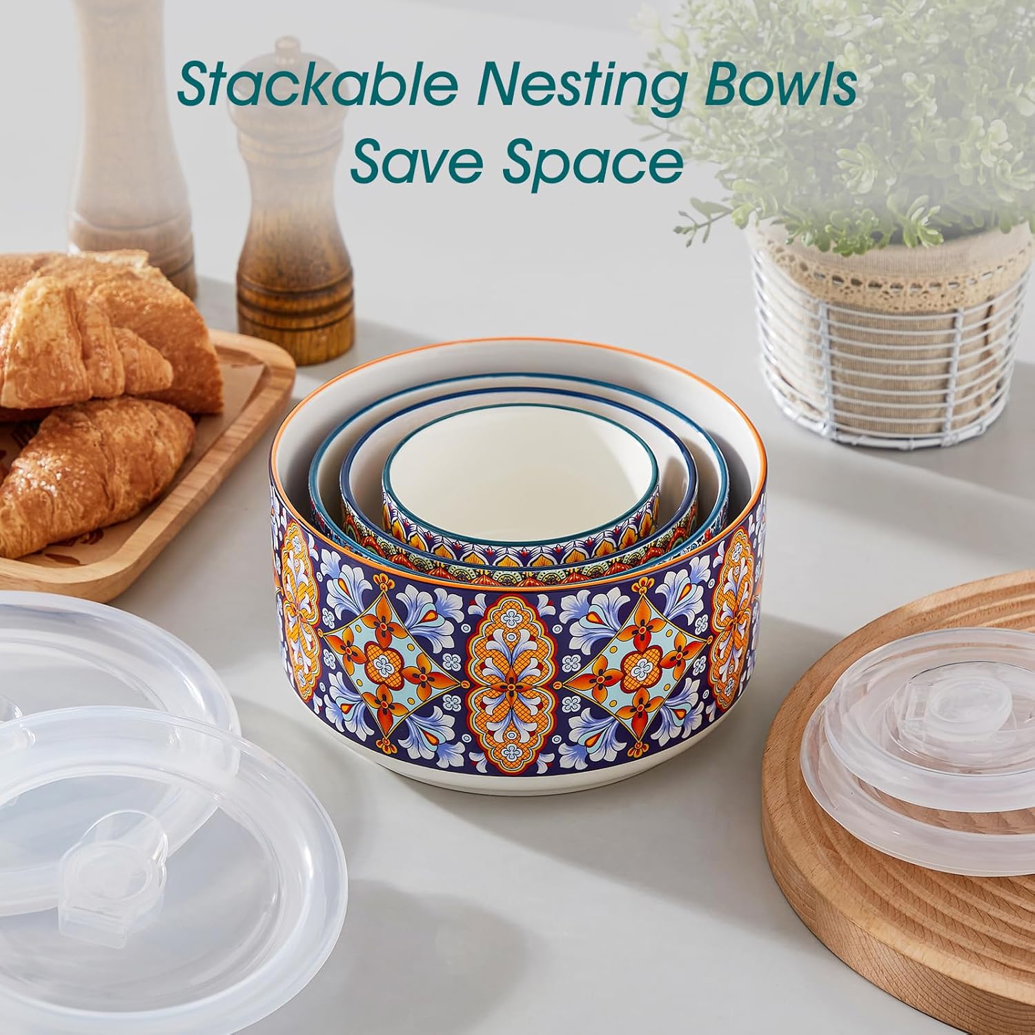 Vancasso Serving Bowls Set of 4 - Ceramic Nesting Mixing Bowls with Lids | Dishwasher & Microwave Safe, 60/36/20/10 OZ