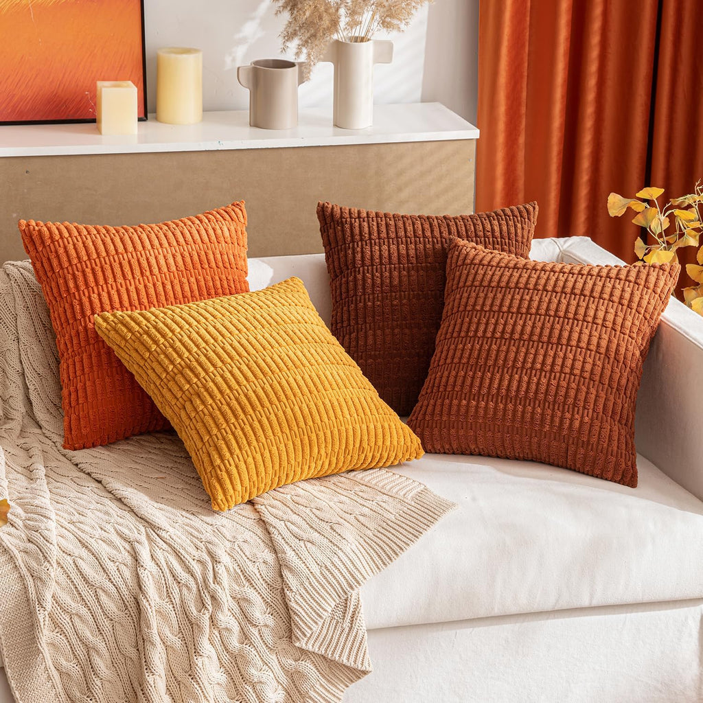 MIULEE Decorative Pillow Covers - Soft Dark Rust Corduroy, Boho Striped | 16x16 Inch for Modern Farmhouse Decor