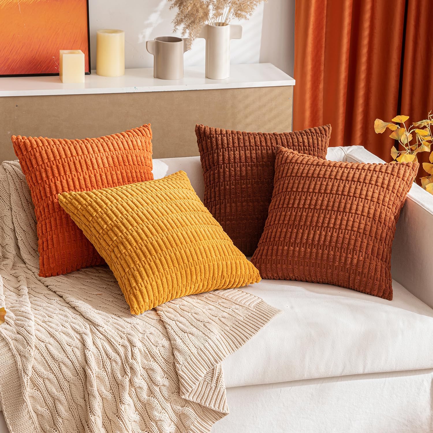 MIULEE Decorative Pillow Covers - Soft Dark Rust Corduroy, Boho Striped | 16x16 Inch for Modern Farmhouse Decor