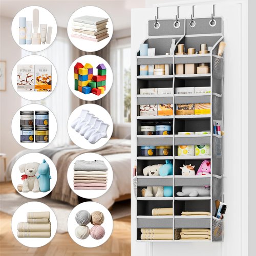 Abiglifty 5-Tier Over The Door Organizer with 10 Side Pockets, Large Behind The Door Storage, 4 Hooks Design, Door Organizer with Clear Windows for Bathroom, Bedroom, Nursery, Entryway(Grey)