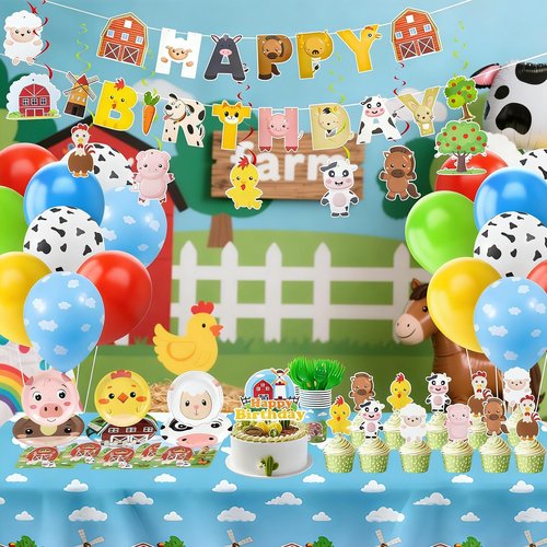 Farm Animals Birthday Decorations,161pcs Party Decorations Include Tablecloth,Plate and Napkin,Cup,Fork,Banner,Balloon,Cake Topper,Hanging Swirls, Farm Animals Themed Party Decorations Serve 24