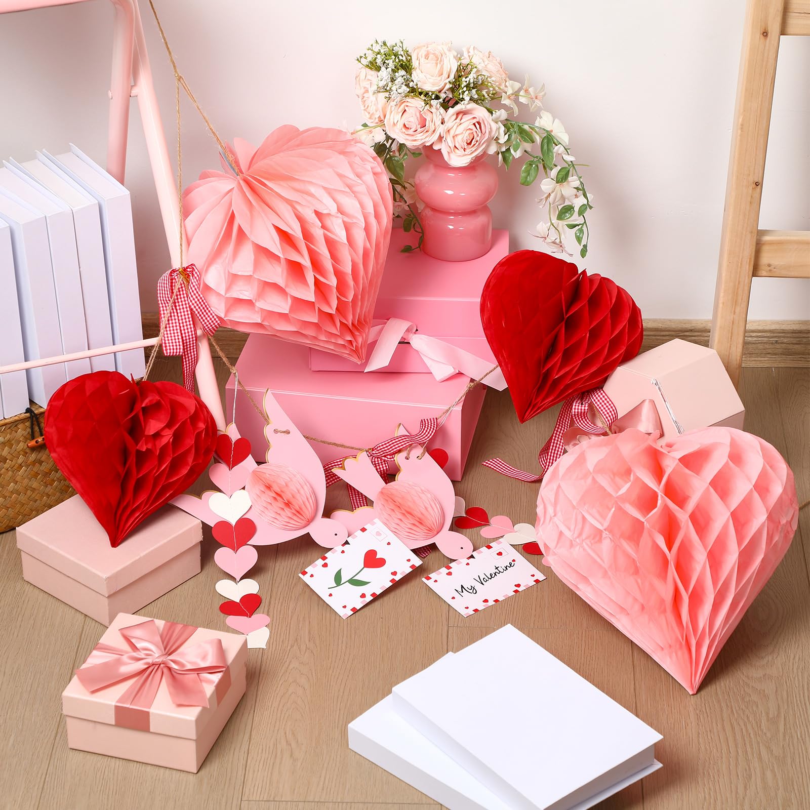 Harloon Valentines Day Garland Pink Heart Honeycomb Ball 3D Lovebird Garland Decor with Red Check Bow Romantic Pom Poms Hanging Banner for Galentines Party Wedding Engagement Birthday Home Wall Decor