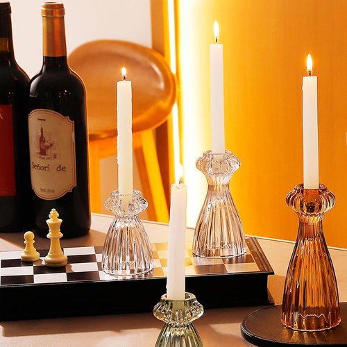 Lysenn Glass Candle Stick Holder Set of 3 - Elegant Taper Holders for Romantic Ambiance - Clear Decor