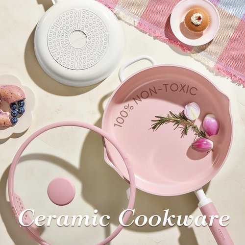 CAROTE 11 Inch Nonstick Deep Frying Pan with Lid, 5 Qt Chef Saute Pan with Pour Spout, Skillet Induction Cookware, Non Stick Cooking Pan Kitchen Pan, Healthy & PFOA/PFAS Free, Includes Spatula, Pink