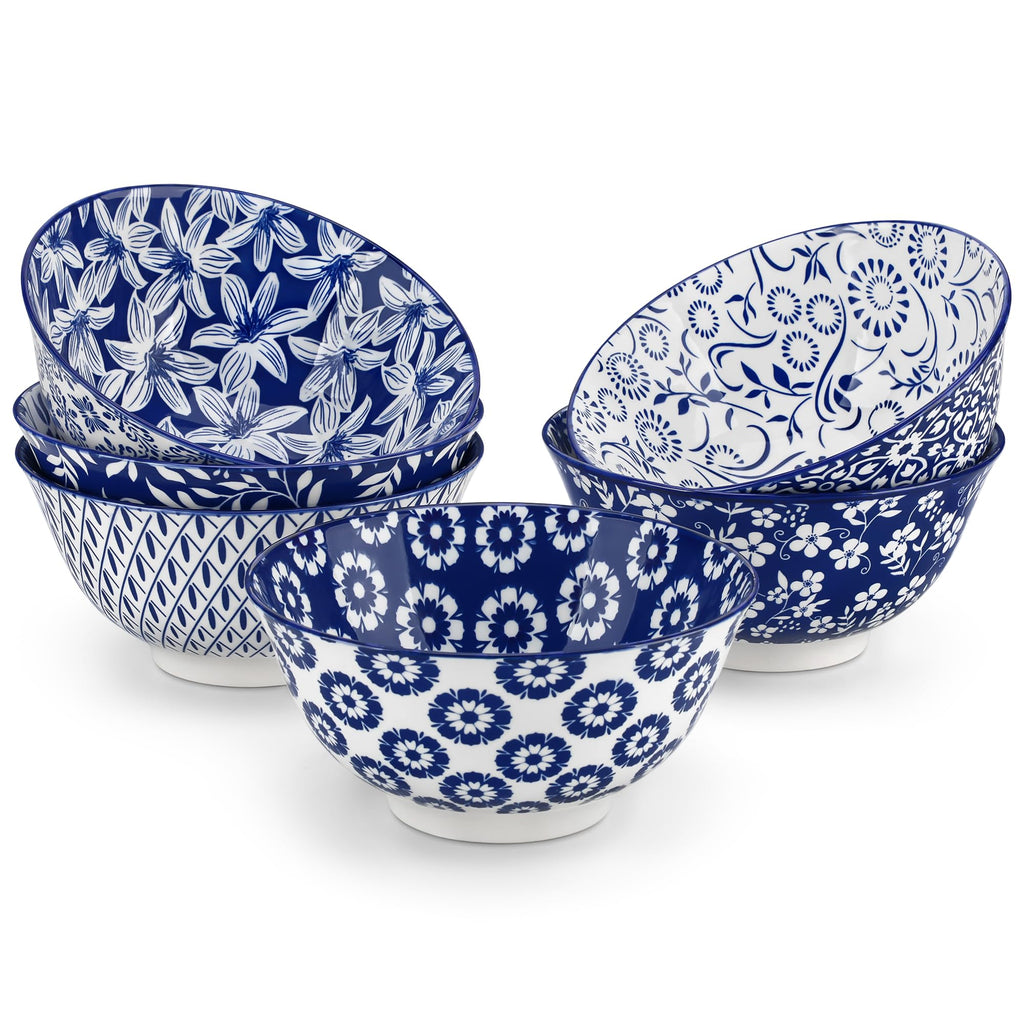 vancasso SELENE 24 oz Cereal Bowls set of 6, Ceramic Soup Bowls for Kitchen, Dishwasher & Microwave Oven Safe- for Cereal, Soup, Pasta, Salad, Blue & White Floral Design Bowl Set
