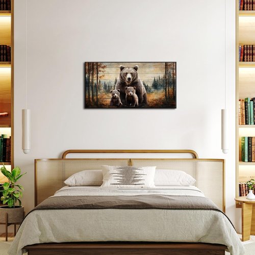 iKNOW FOTO Bear Family Canvas Print - Rustic Forest Wall Art with Black Floater Frame | 20x40'' Ready to Hang