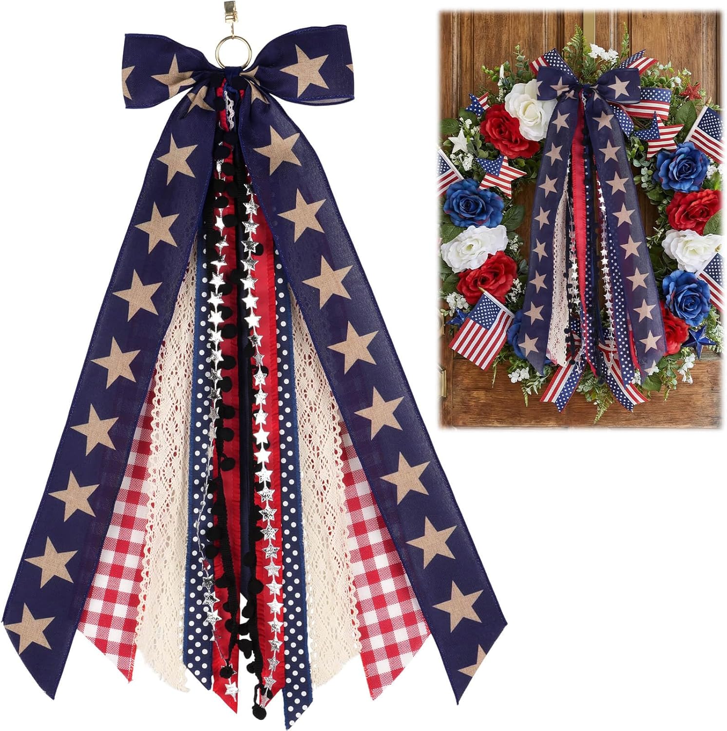 Patriotic Front Door Wreath by [Brand Name] - 8-Ribbon Americana Star Bow with Metal Clip | Red, White, and Blue Decor for Independence Day