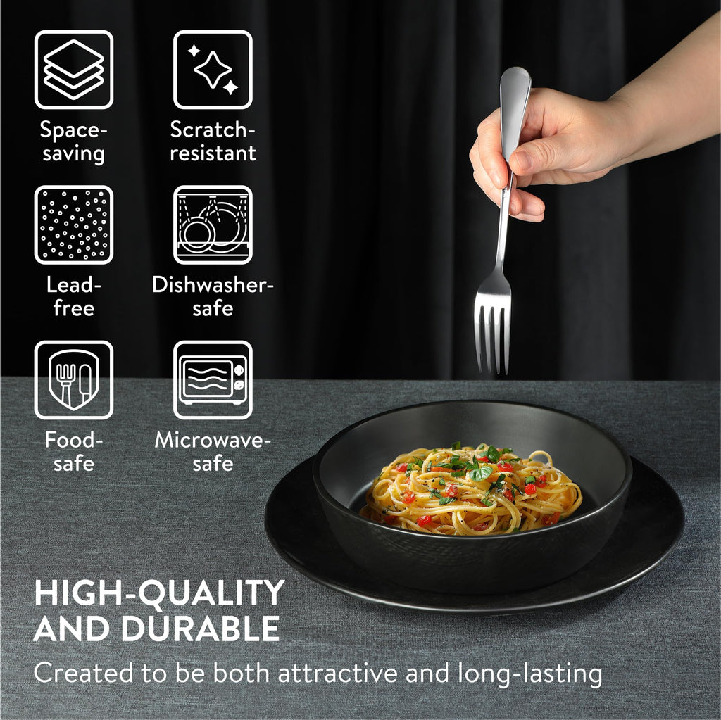 Navaris Linen Artisan Stoneware Dinnerware Set (18 Pieces) - Dishwasher & Microwave Safe Plates & Bowls for 6 with Dinner, Side Plates & Pasta Bowls - Charcoal Black