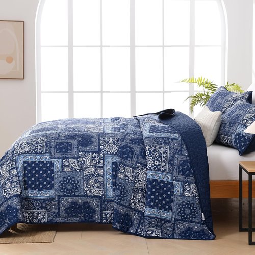 Cottolester Blue Patchwork Quilt Set Queen Size,Boho Navy Blue Quilt Set,Paisley Farmhouse Bedspread Soft Microfiber Bedding Set for All Season 96"x90"