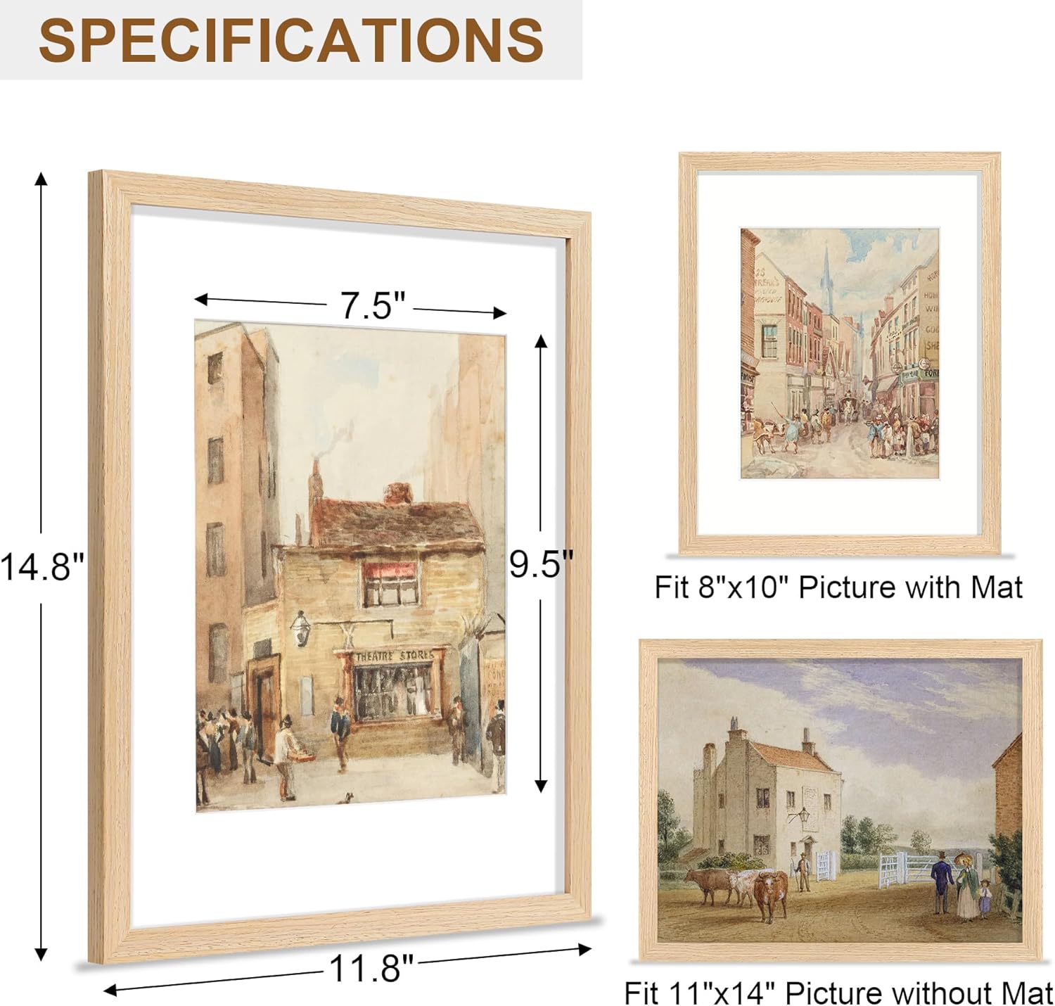 Vittanly 11x14 Picture Frame - Solid Wood with Plexiglass & 8x10 Mat | Natural Home Decor, 1 Pack