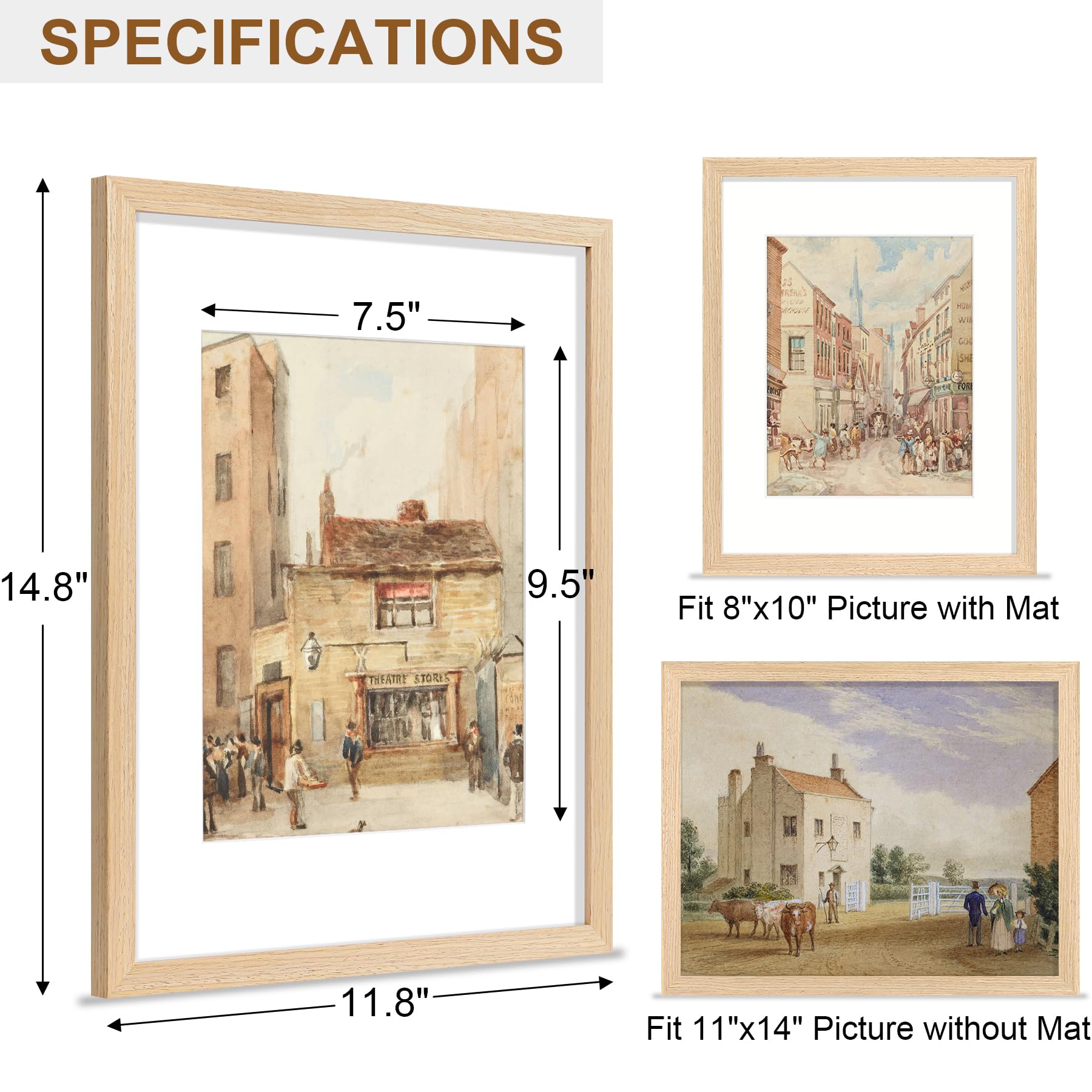 Vittanly 11x14 Picture Frame, Solid Wood Frame with Plexiglass, Includes 8x10 Mat, Wall Hanging for Home Decor, Natural, 1 Pack