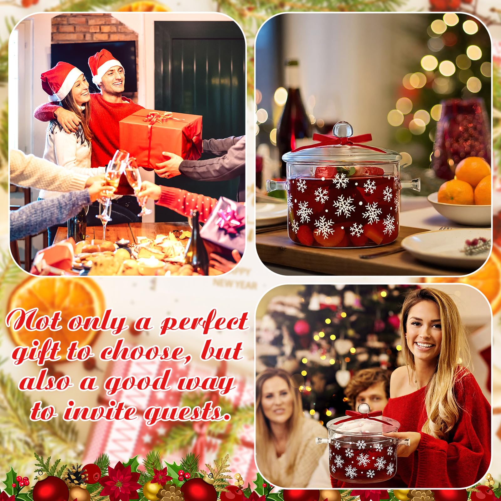 Potchen 2 Pack Christmas Simmer Pot Gift Glass Saucepan with Lid 51 oz Snowflake Holiday Pot for Cooking Mulled Wine, Hot Cocoa, Sauces Festive Stovetop Glass Cookware for Christmas Kitchen Gifting