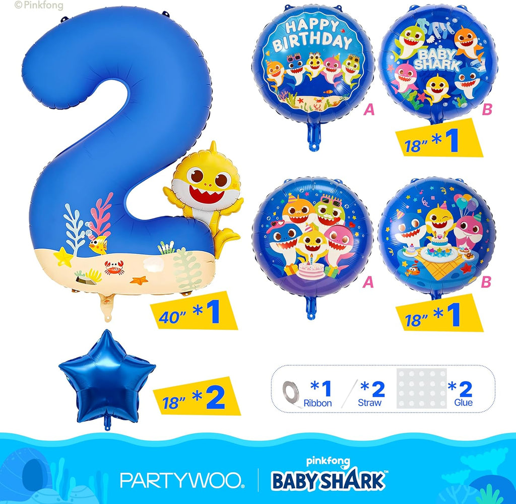 PartyWoo Baby Shark Blue Foil Number 2 Balloon - 5pcs 18-Inch Round Mylar Helium Balloons for Kids' Birthday Party Decorations