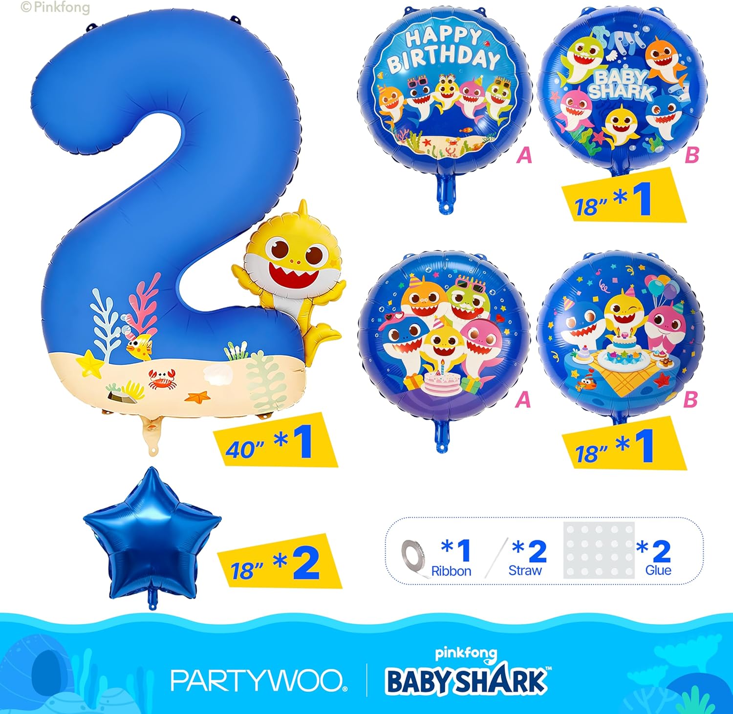 PartyWoo Baby Shark Blue Foil Number 2 Balloon - 5pcs 18-Inch Round Mylar Helium Balloons for Kids' Birthday Party Decorations