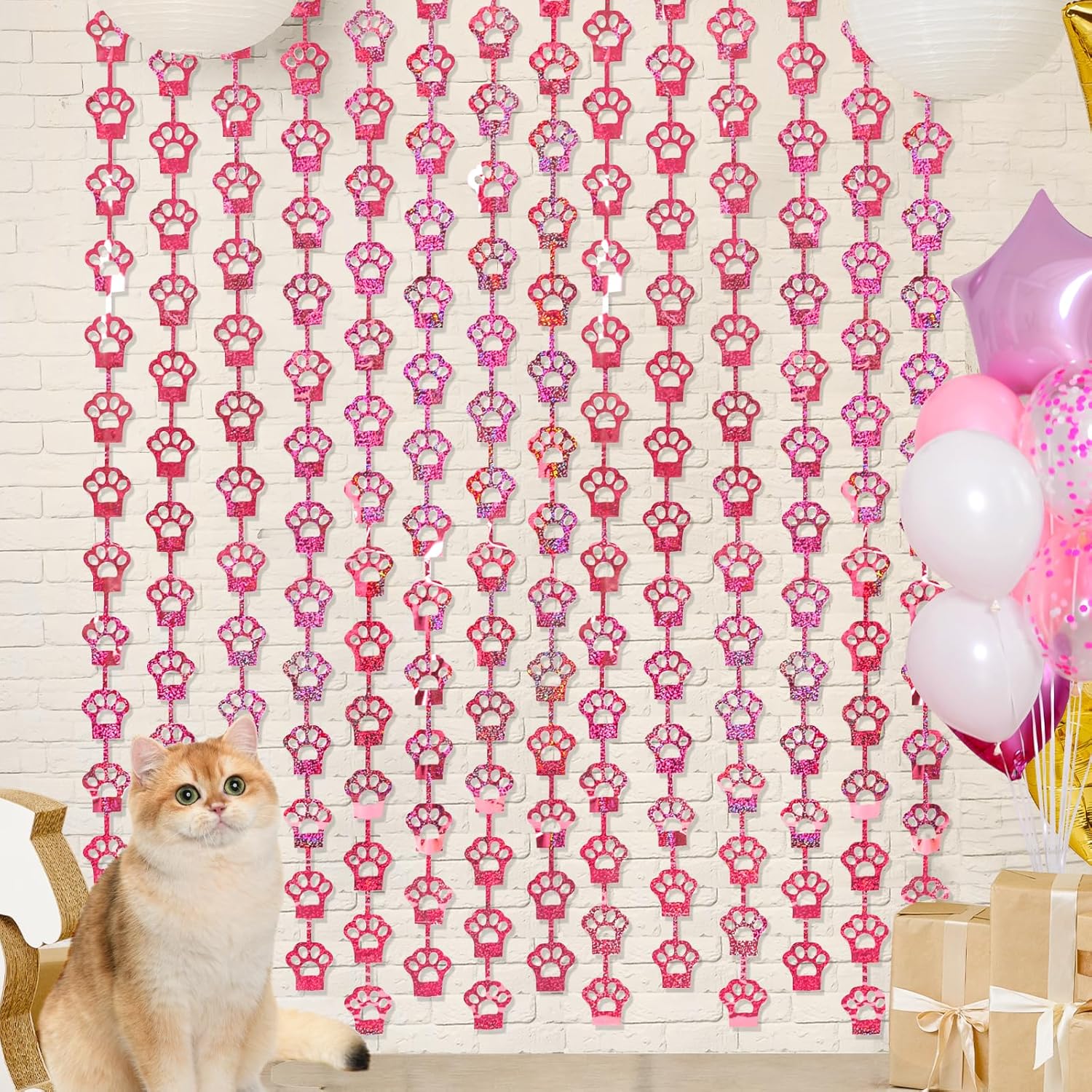 MENSTARSI Cat Birthday Decorations - 2 Pack Pink Cat Paw Party Supplies | 3.3x6.6 Ft Foil Fringe Curtains & Tinsel Backdrop