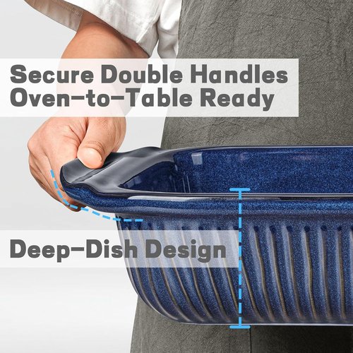 Artena Baking Dish - 5.1 Quart Casserole Dish With Handles - Deep Rectangular White Ceramic Bakeware, Blue