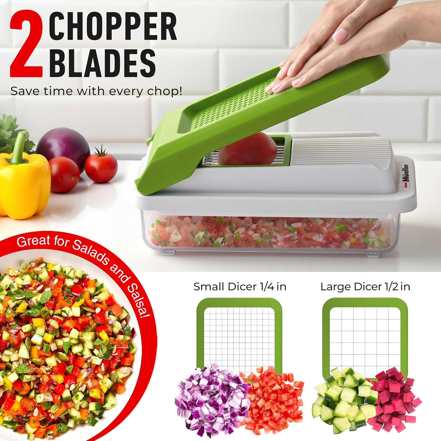 Mueller Vegetable Chopper - Mandoline Slicer & Cheese Grater with Container | White Sand/Green