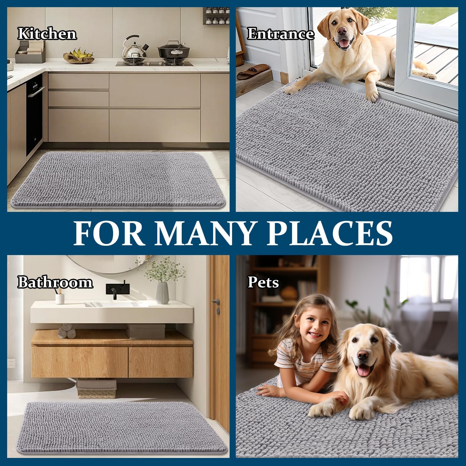 OLANLY Dog Door Mat - Absorbent Non-Slip Washable Doormat for Muddy Paws | 59x35 Light Grey
