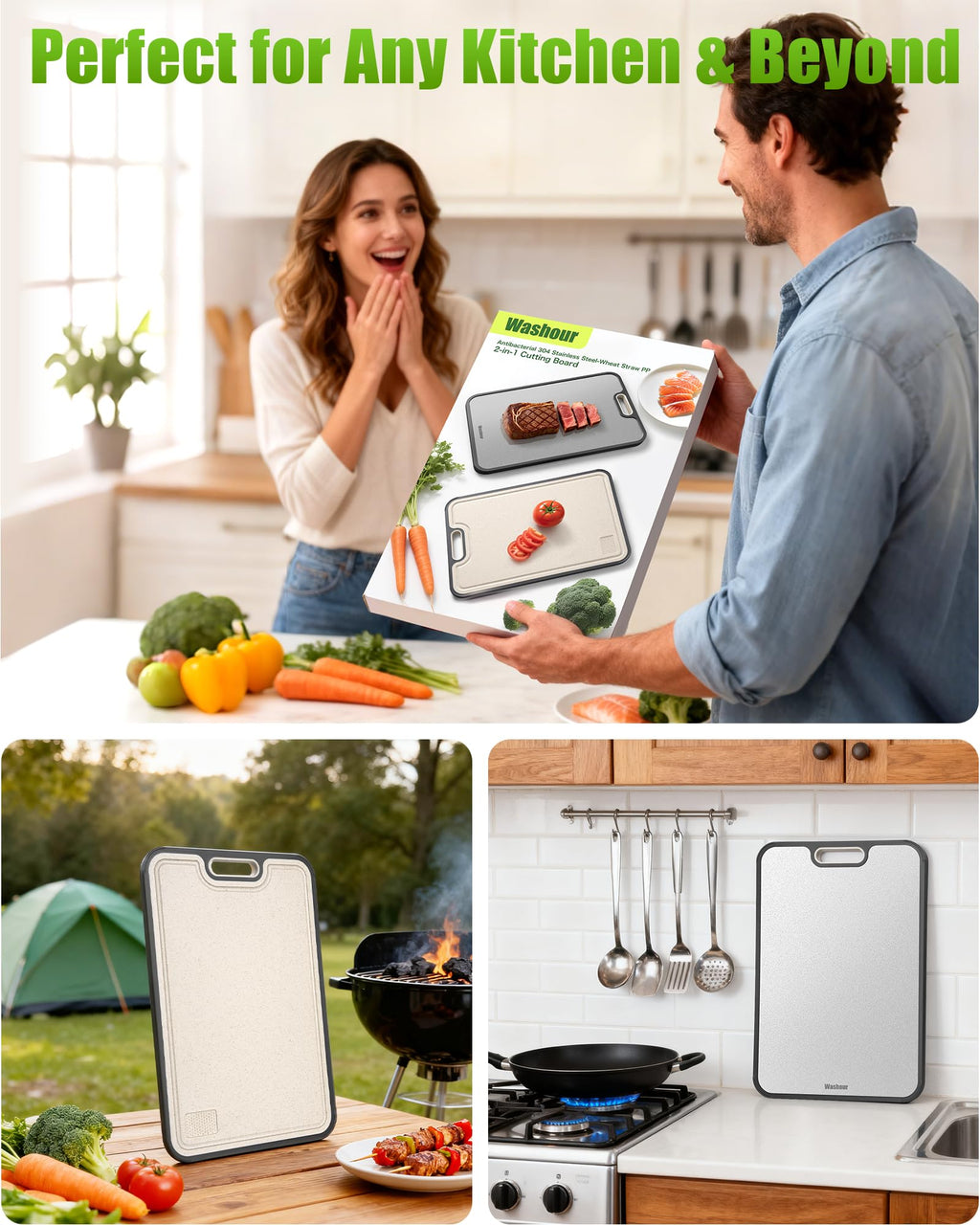 Washour Stainless Steel Cutting Boards for Kitchen, Non Toxic 2-in-1 Cutting Board Double Sided, Food Grade Chopping Boards for Fresh Meat Vegetable, Easy to Clean Large Size 16”×11”