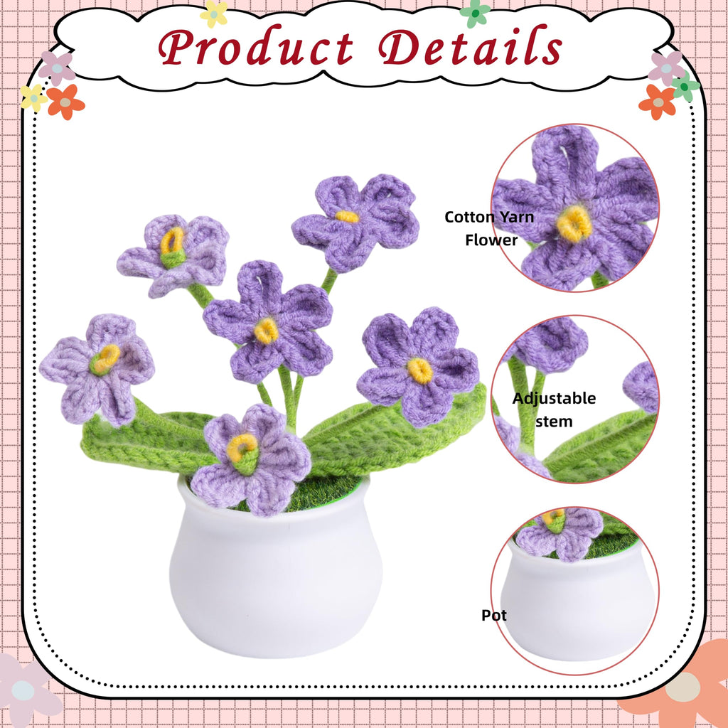 LAIDANLA Crochet Flowers Forget Me Not, Mini Gradient Purple Crochet Flower Potted Plant for Desk, Handmade Anniversary Birthday Graduation Gifts for Women Teacher Mom Friend