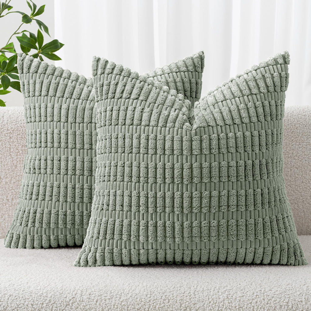 MIULEE Euro Sham Pillow Covers - Soft Boho Striped Corduroy | Pack of 2, 24x24 Inch, Greyish Green