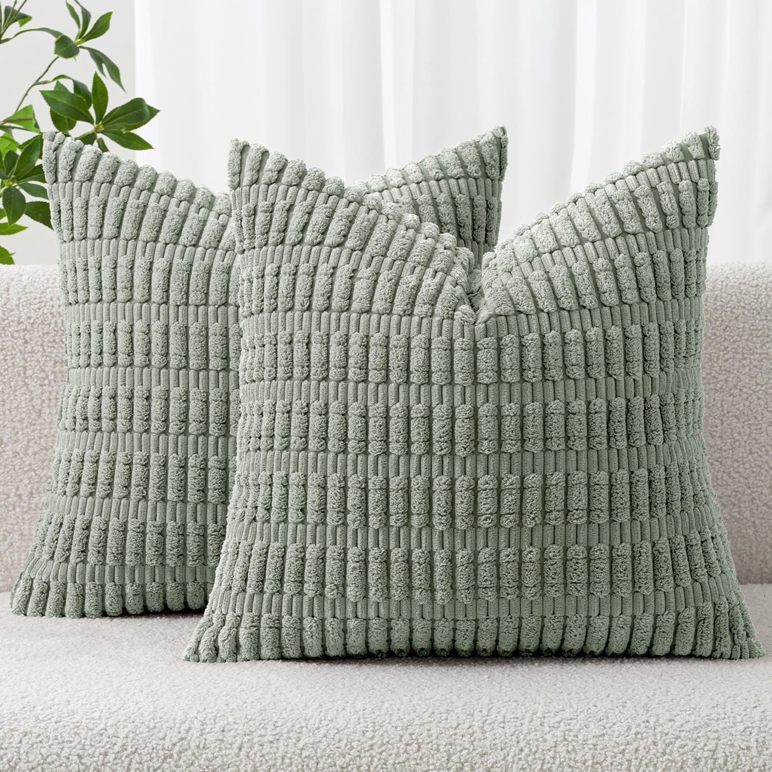 MIULEE Euro Sham Pillow Covers - Soft Boho Striped Corduroy | Pack of 2, 24x24 Inch, Greyish Green