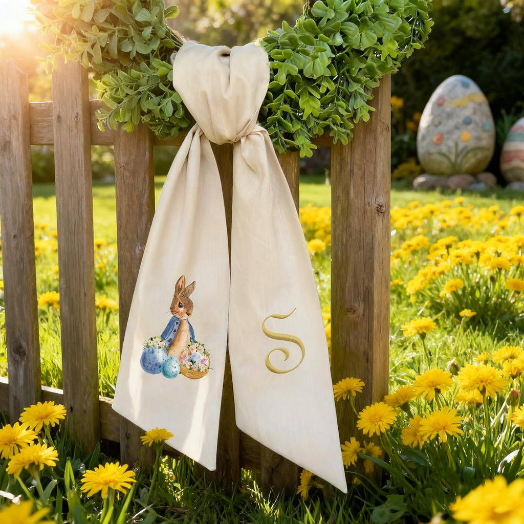 Regine Switzerland Easter Wreath Bow - Custom Embroidered Monogram Spring Bunny Decoration | Hand-Tailored Design (S)