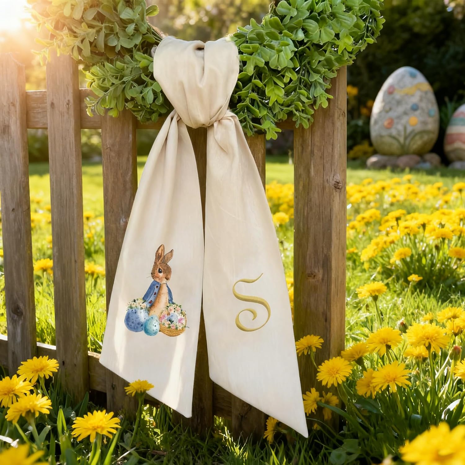 Regine Switzerland Easter Wreath Bow - Custom Embroidered Monogram Spring Bunny Decoration | Hand-Tailored Design (S)