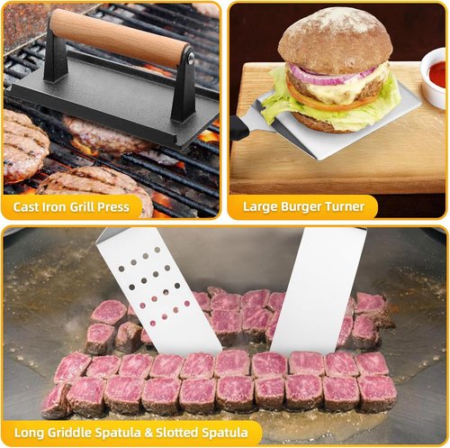 CEKEE Griddle Accessories Kit - 10-Piece Flat Top Grill Set with Smash Burger Press & Spatulas for Outdoor BBQ