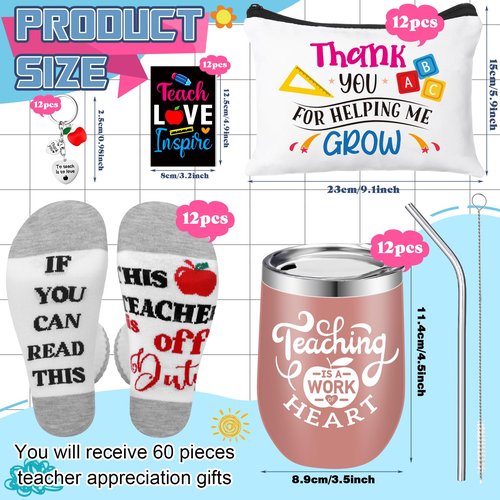 Lemosae 60 Pcs Teacher Appreciation Gifts Set, Teachers Day Gifts Bulk 12 Wine Tumbler 12 Makeup Bags 12 Mini Notepads 12 Socks 12 Keychains Graduation Students Thanks Teacher Gift(Classic)