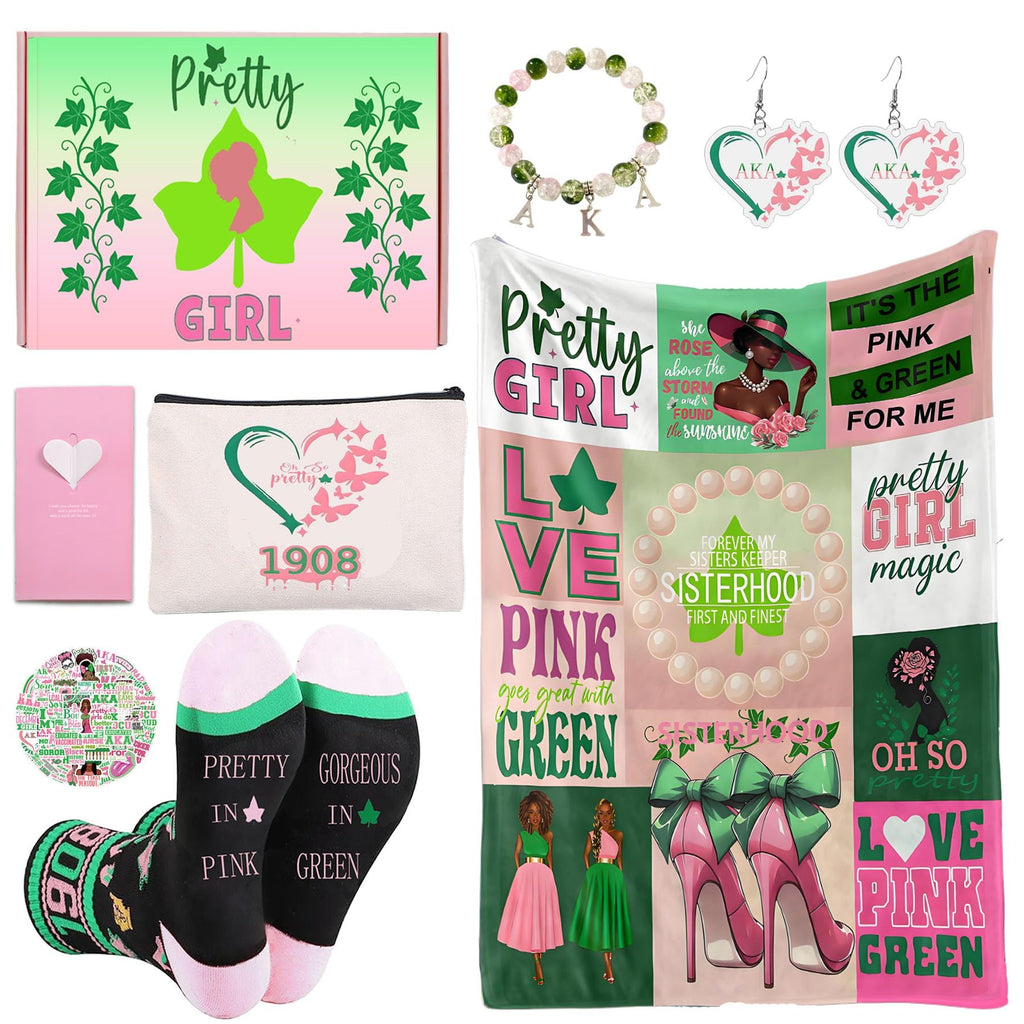 Farmansion AKA Gifts for Women, 7pcs Gift Set for AKA Lovers, Pink and Green Throw Blanket, Sisterhood Present with Novelty Socks,Make Up Bag,Bracelets,Earrings,Stickers