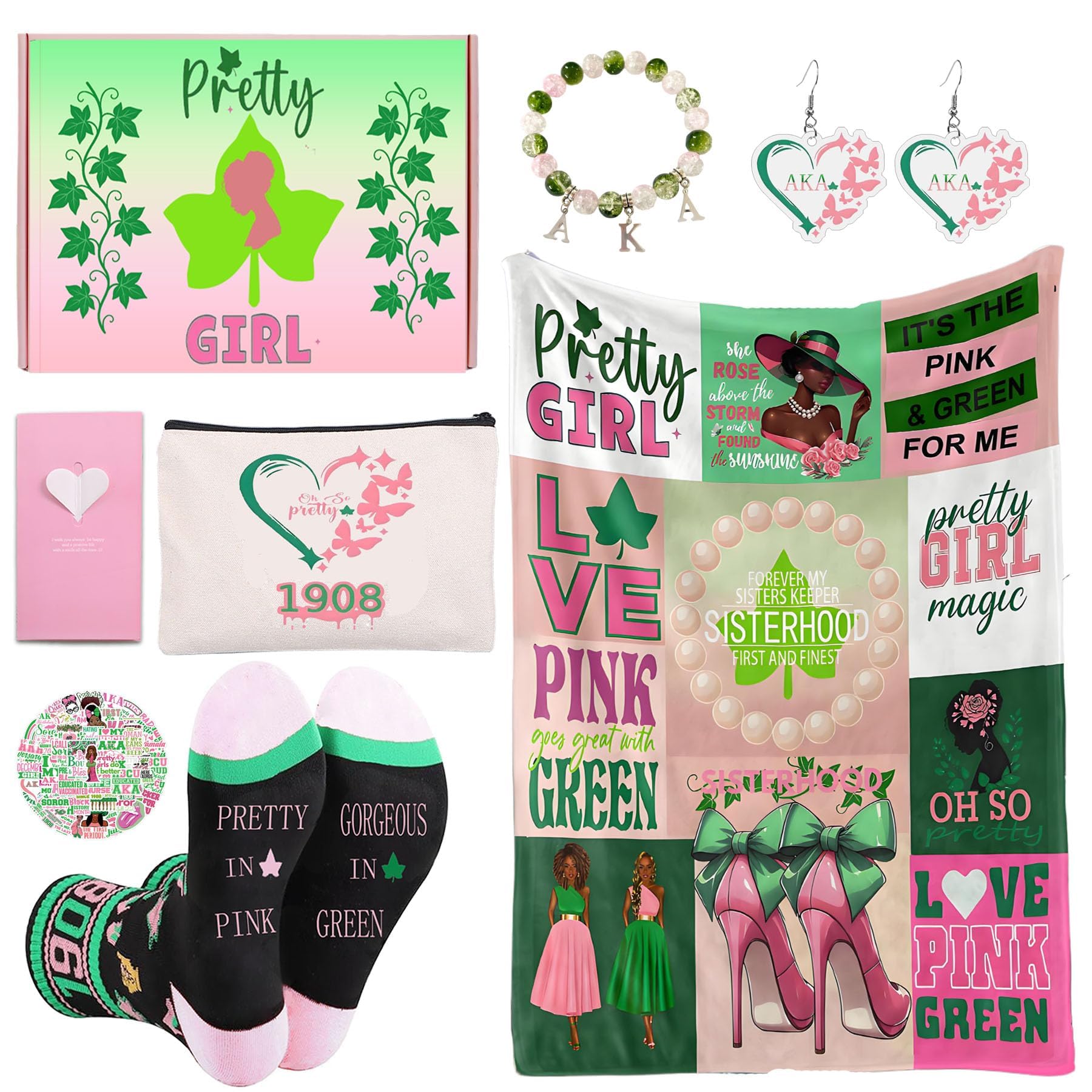 Farmansion AKA Gifts for Women, 7pcs Gift Set for AKA Lovers, Pink and Green Throw Blanket, Sisterhood Present with Novelty Socks,Make Up Bag,Bracelets,Earrings,Stickers
