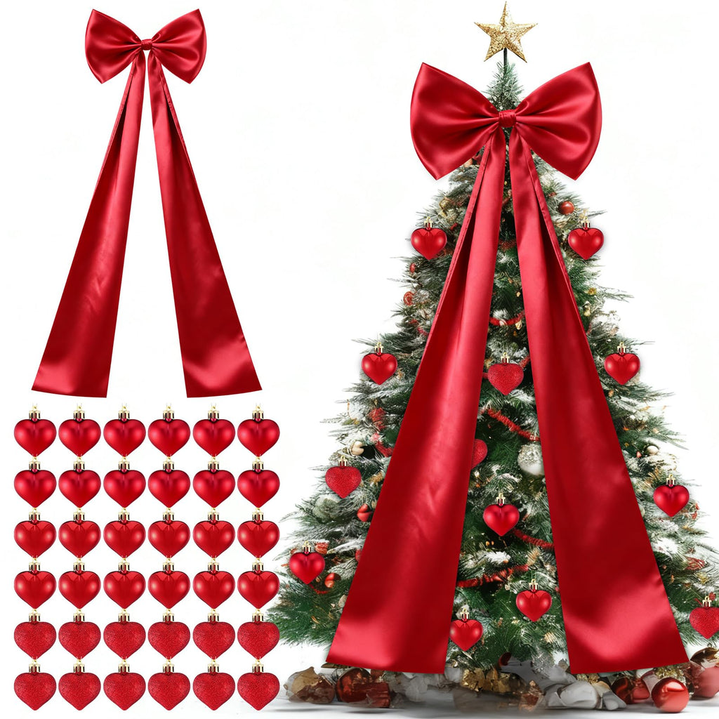 CraftyDream Valentine's Day Tree Topper Giant Bow Decor Satin 47.2 Inch with 36 Pcs Heart Ornaments Romantic Tree Decorations Ribbon Topper Bow Large Outdoor for Home Valentine's Hanging Decor(Red)