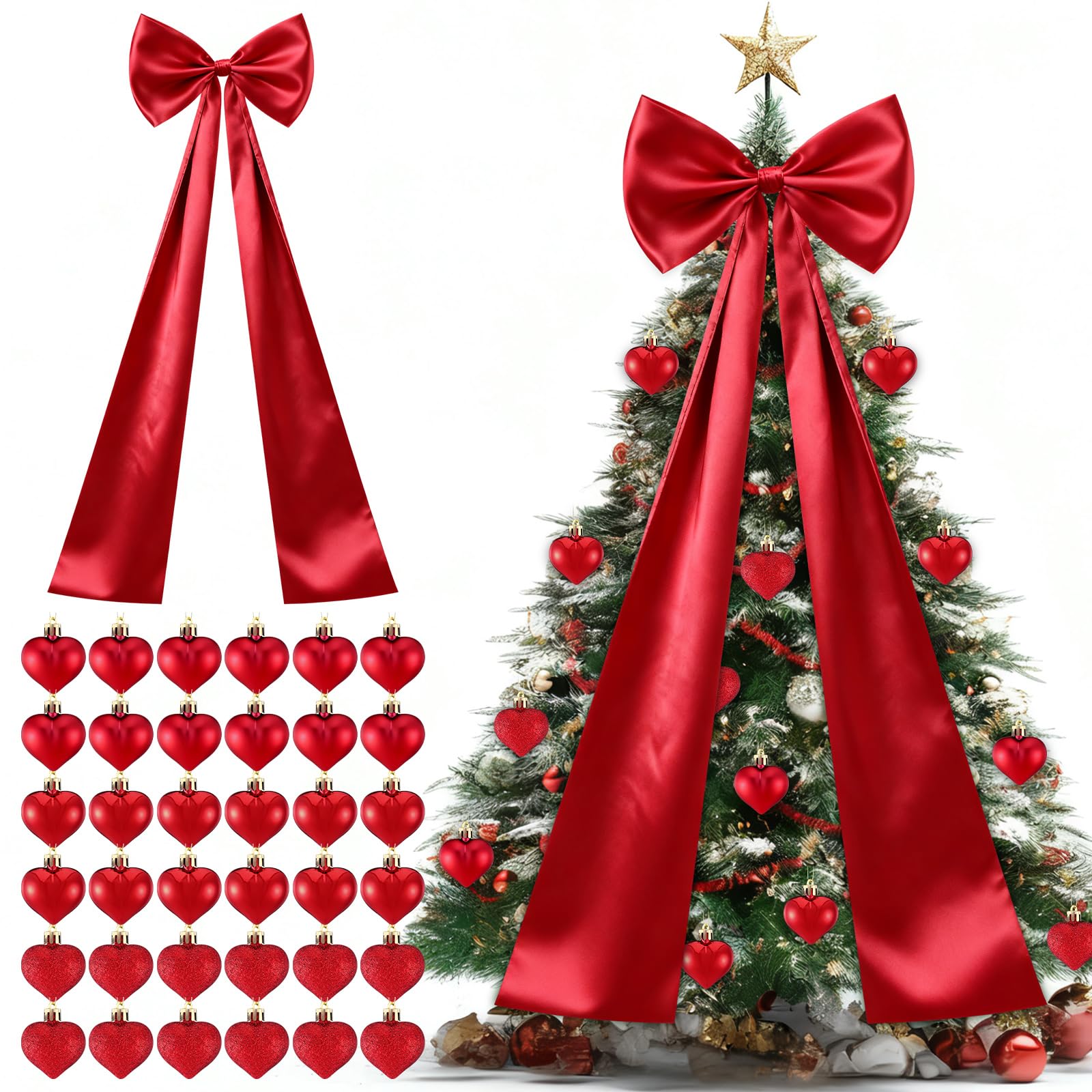 CraftyDream Valentine's Day Tree Topper Giant Bow Decor Satin 47.2 Inch with 36 Pcs Heart Ornaments Romantic Tree Decorations Ribbon Topper Bow Large Outdoor for Home Valentine's Hanging Decor(Red)