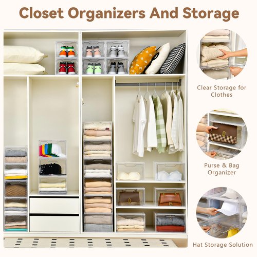 Freebat Closet Organizers and Storage, Acrylic Clear Plastic Storage Bins with Magnetic Door, 8 Pack Storage Containers for Clothes Home Organization Purse Bag Cabinet Display Closet Organizer System