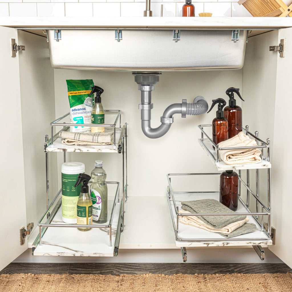 Household Essentials Glidez Chrome-Plated Steel and Faux Marble 2-Tier Pull-Out/Slide-Out Storage Organizer, 11.25" Wide, White and Chrome